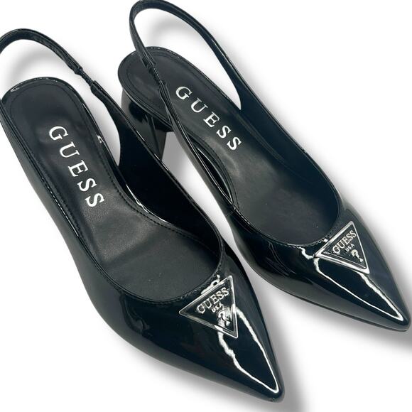 GUESS Zanda Slingback Block Heel Pumps Black Patent Size 7.5 Pointy Toe Heels - Picture 4 of 12